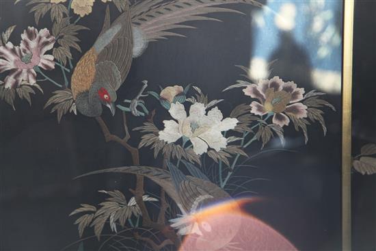 Two Japanese black silk panels, early 20th century, largest 64 x 57cm